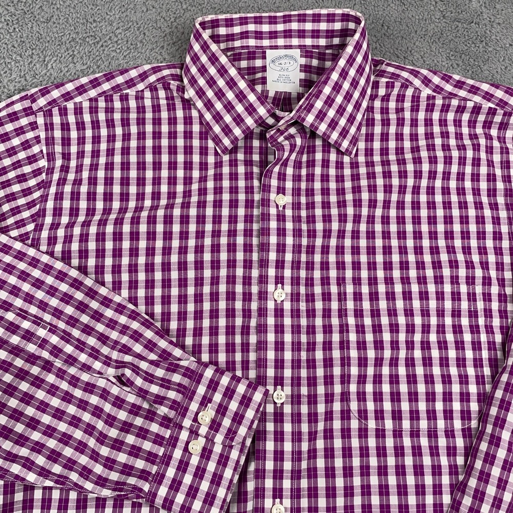 Brooks Brothers Dress Shirt Mens 16 2/3 Purple Slim Fit Non Iron Business Plaid